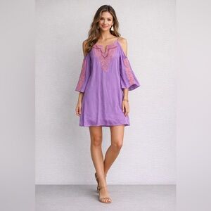 Gianni Bini Women's Sz XS Purple Knee Length Cold‎ Shoulder Embroidered Dress